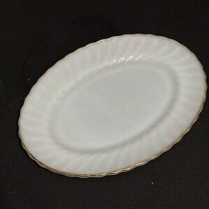 Vintage Anchor Hocking Oval Platter 13'' White Swirl Milk Glass Gold Rim